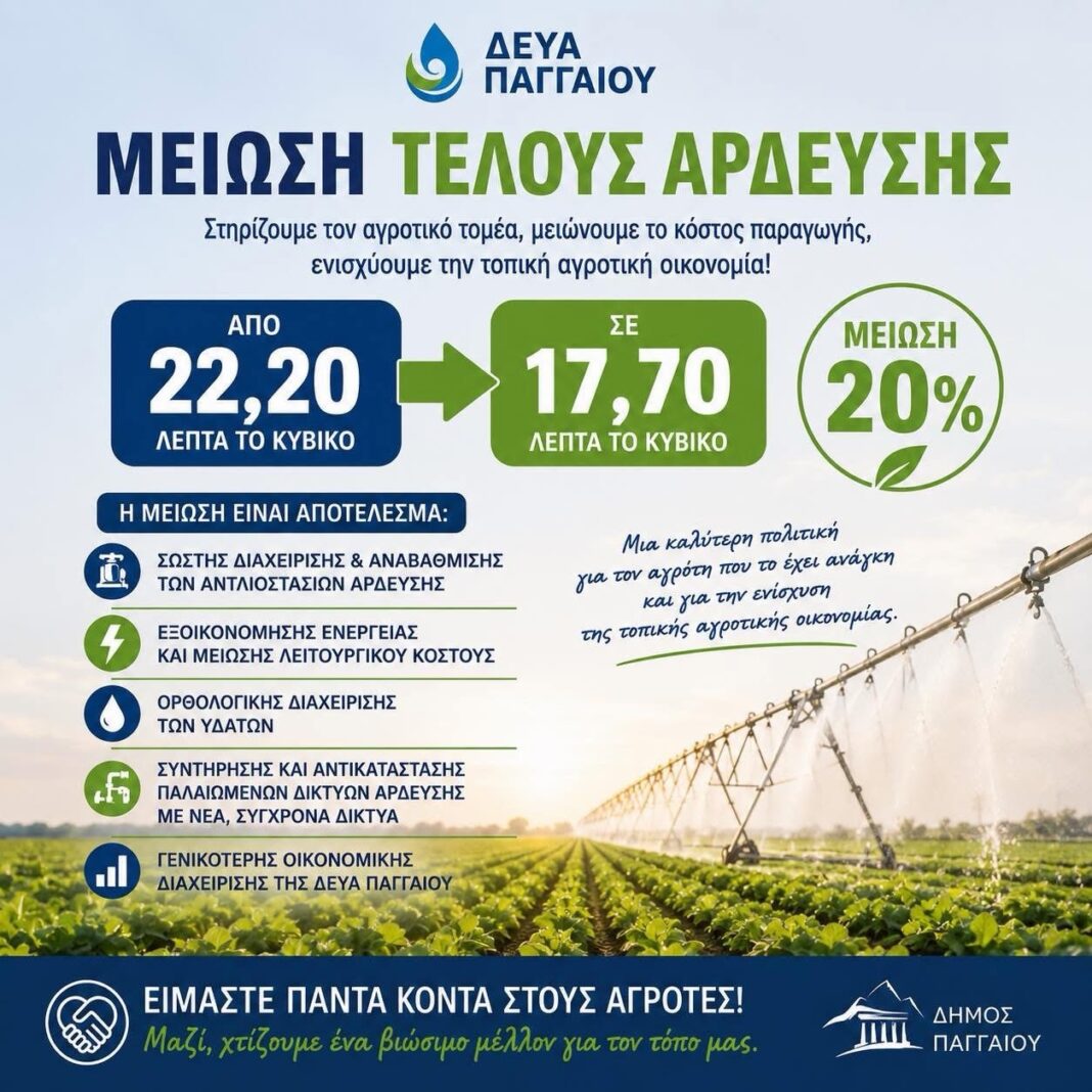 Μείωση τέλους άρδευσης στον Δήμο Παγγαίου