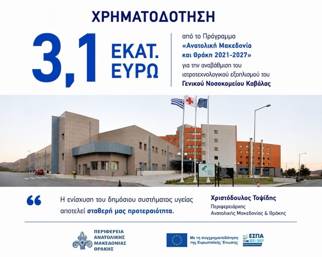 3,1 εκατ. ευρώ από το Πρόγραμμα «Ανατολική Μακεδονία και Θράκη 2021-2027» για την αναβάθμιση του ιατροτεχνολογικού εξοπλισμού του Γενικού Νοσοκομείου Καβάλας